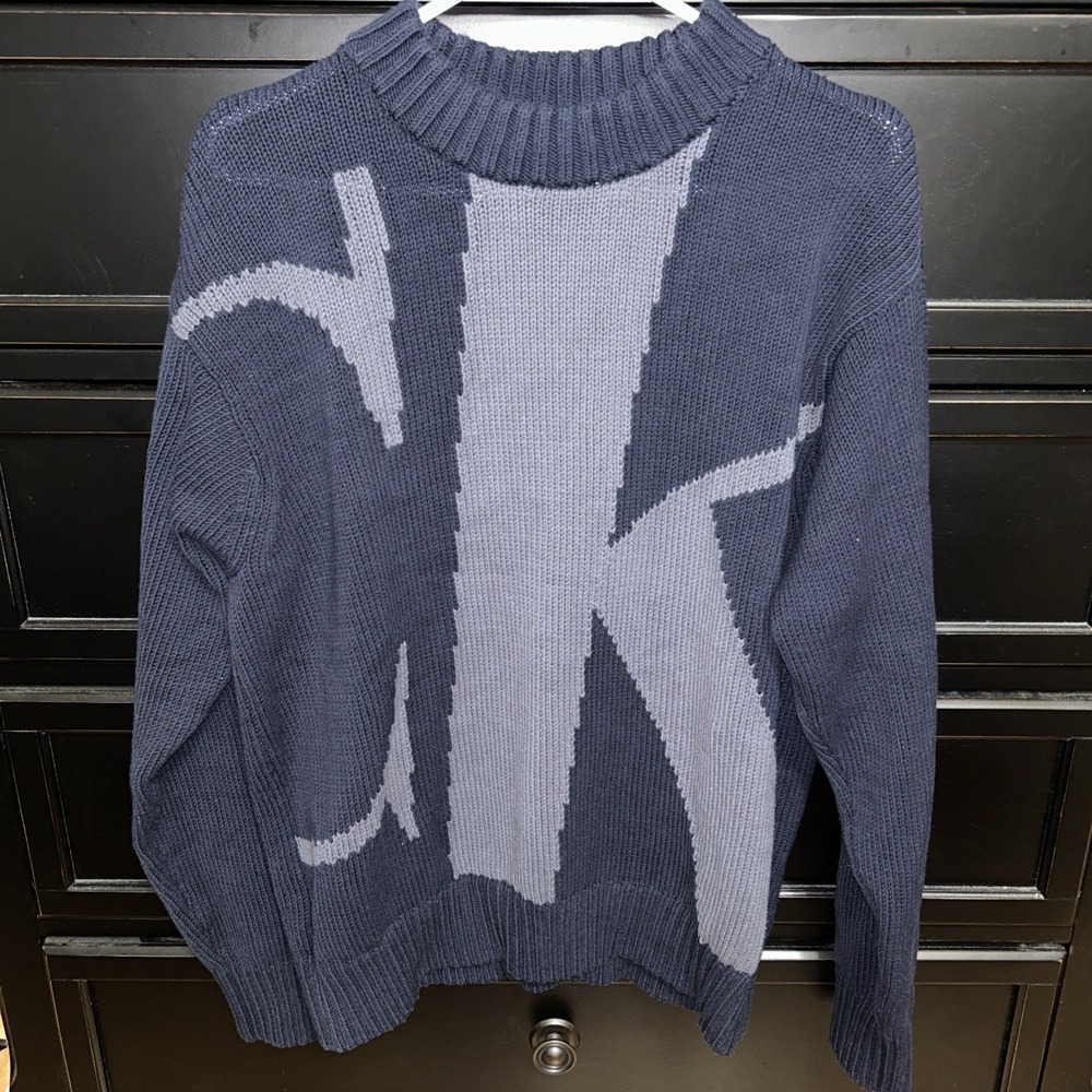 Calvin‎ Klein Men's Medium Sweater Blue Long Sleeve BIG CK LOGO Pullover
